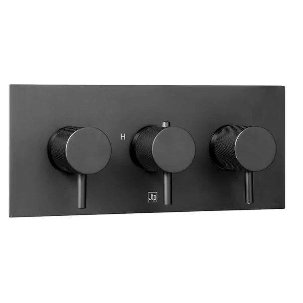 Just Taps Vos Matt Black Twin Outlet Landscape Valve with Designer Knurled Handles